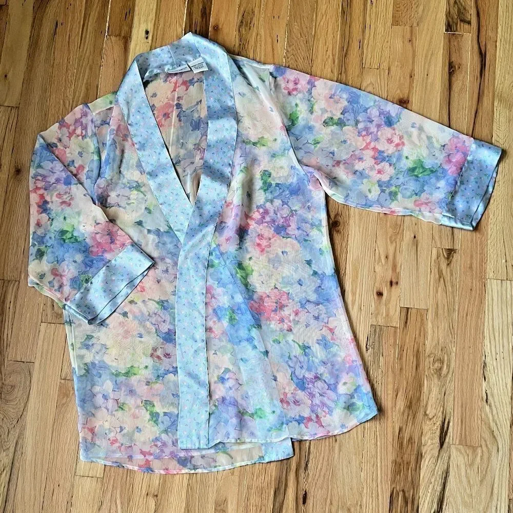 vtg 80s Jaclyn Smith Lingerie sheer floral robe Medium kimono sleepwear‎ blue
